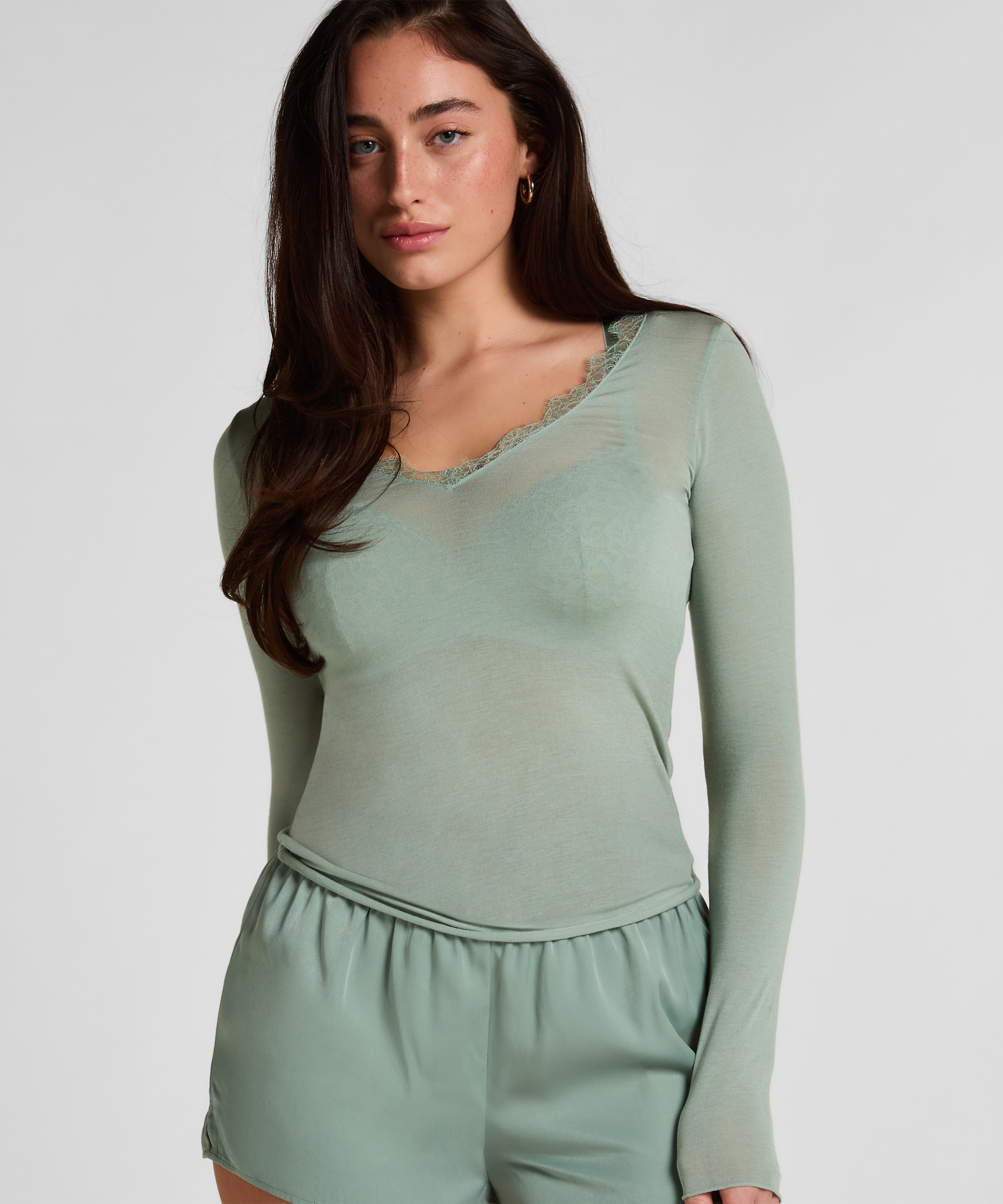 super soft Lace V-Neck shirt with Cashmere, Green, main