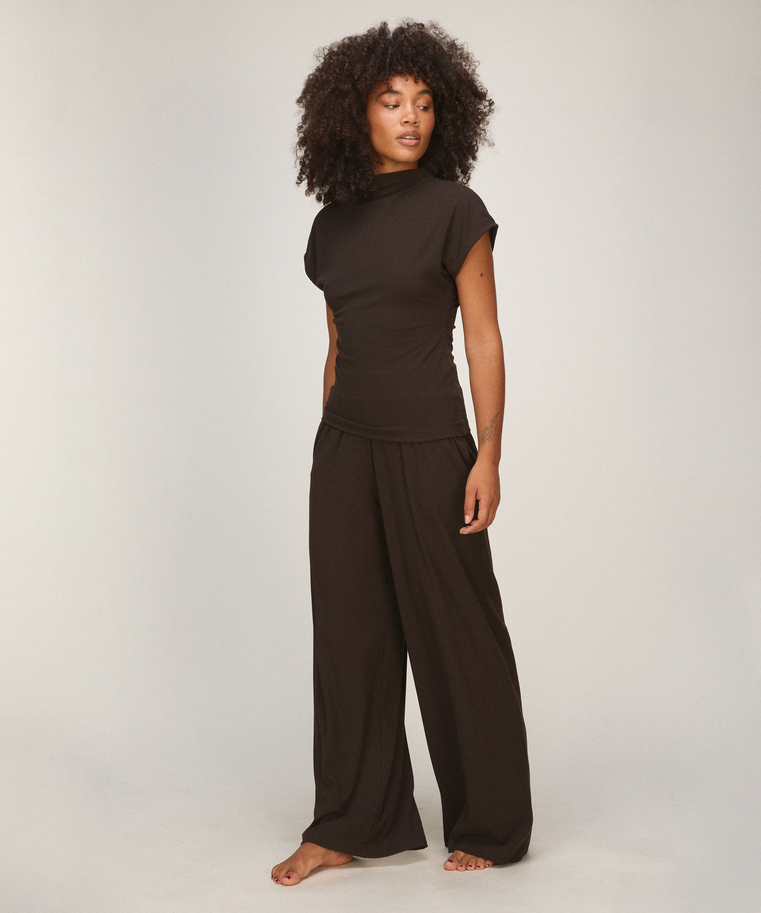 Top Short Sleeves Rib Mockneck, Brown, main
