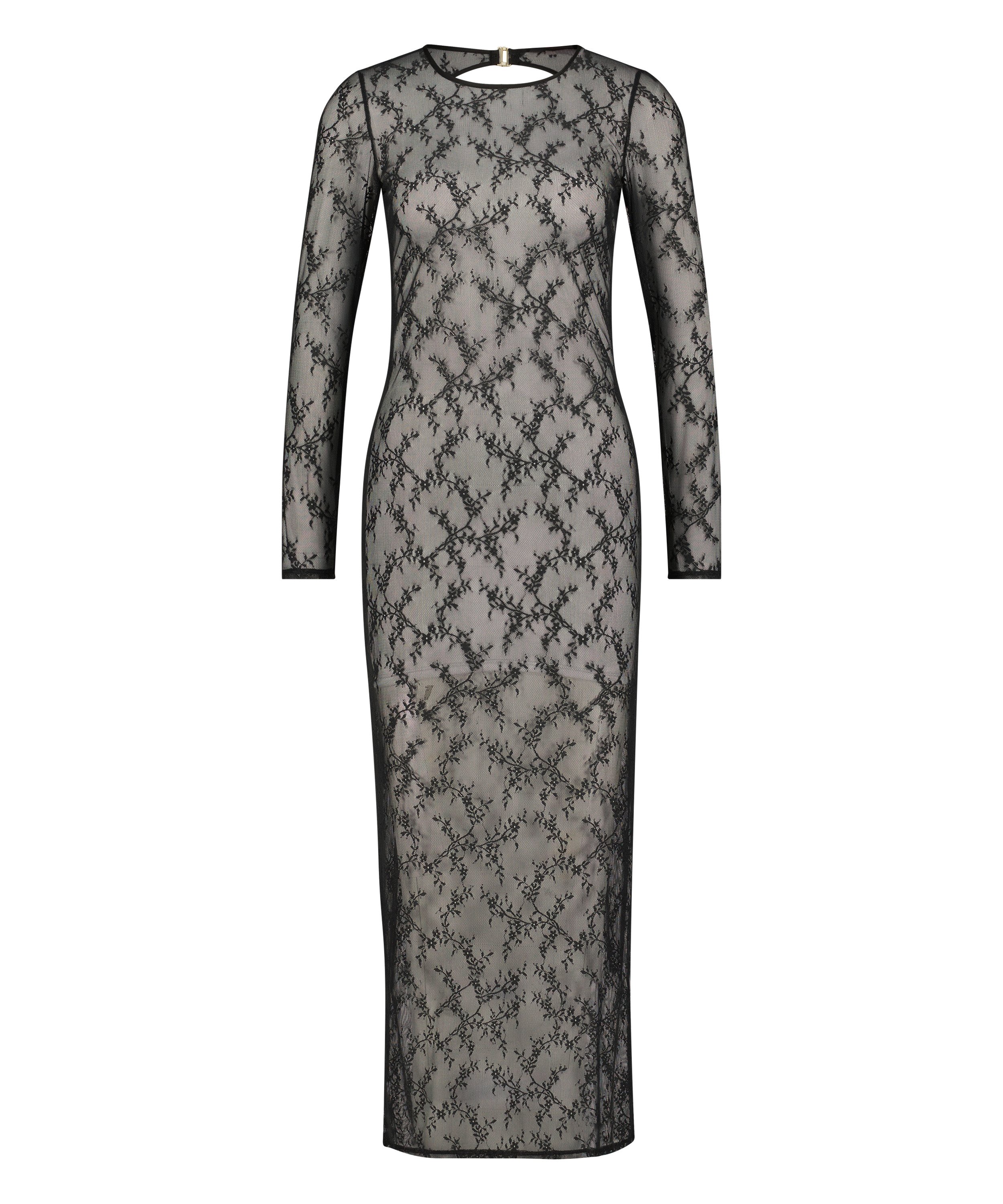 Long Sleeve Lace Bodycon Slip Dress, Black, main