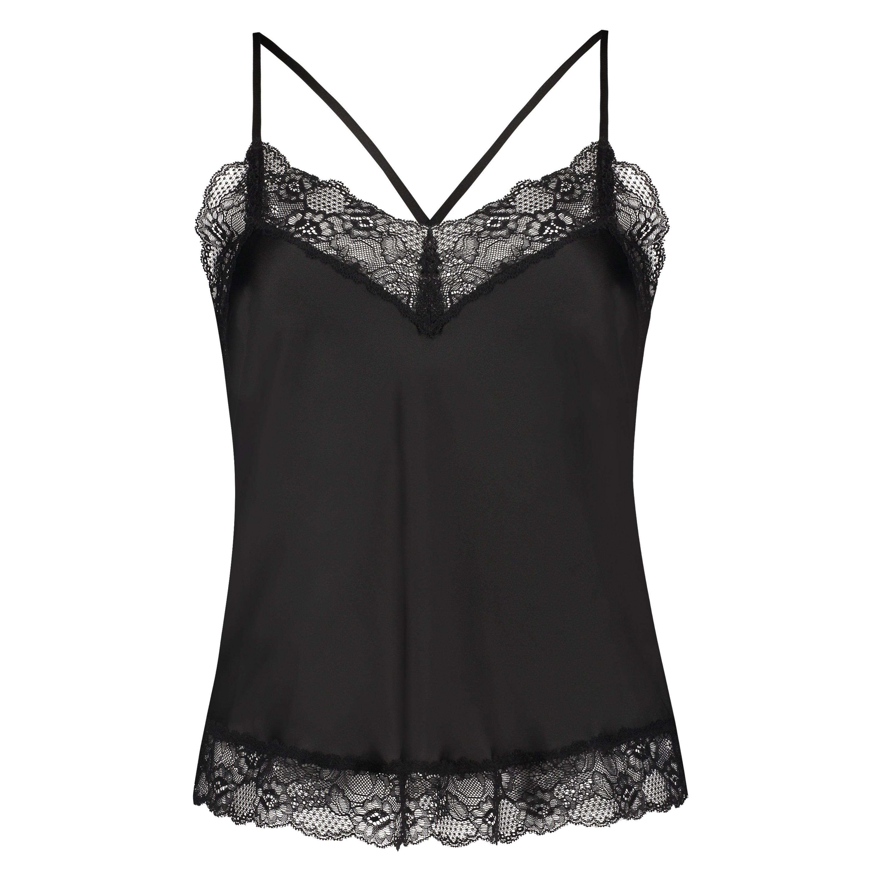 Satin Lace cami top, Black, main