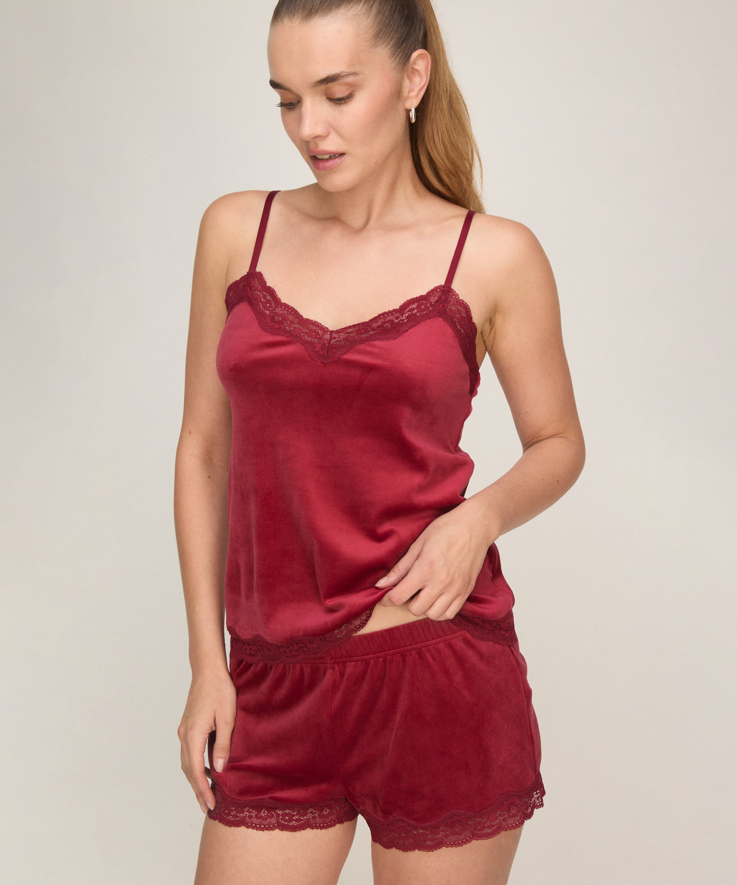 Pyjama Cami Velours Lace, Red, main