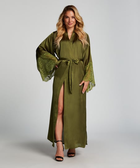 green satin kimono dress Heychic Eliza Green Lace Satin Midi Dress, AU 12