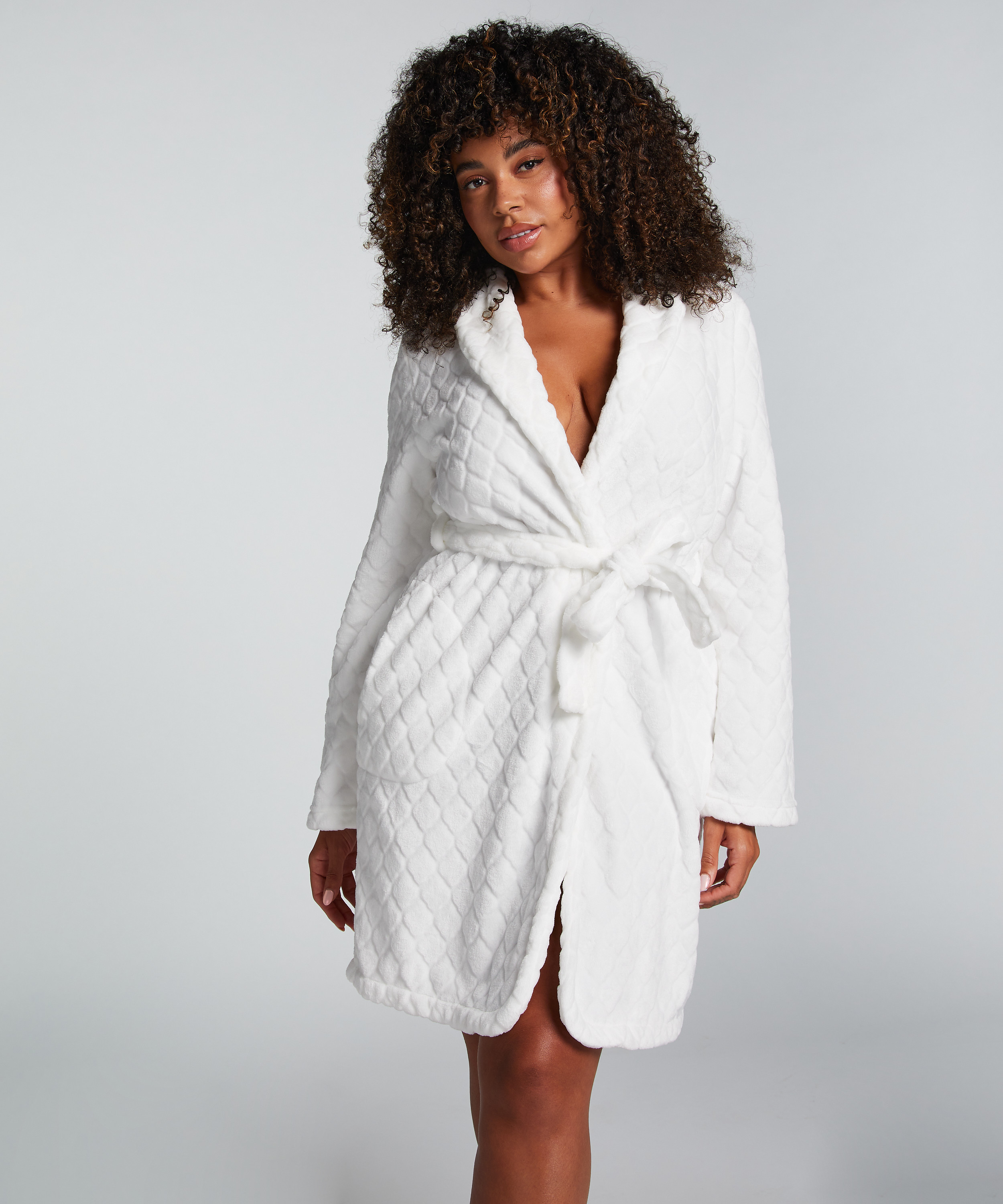 Short Fleece Ribbed Bathrobe, White, main