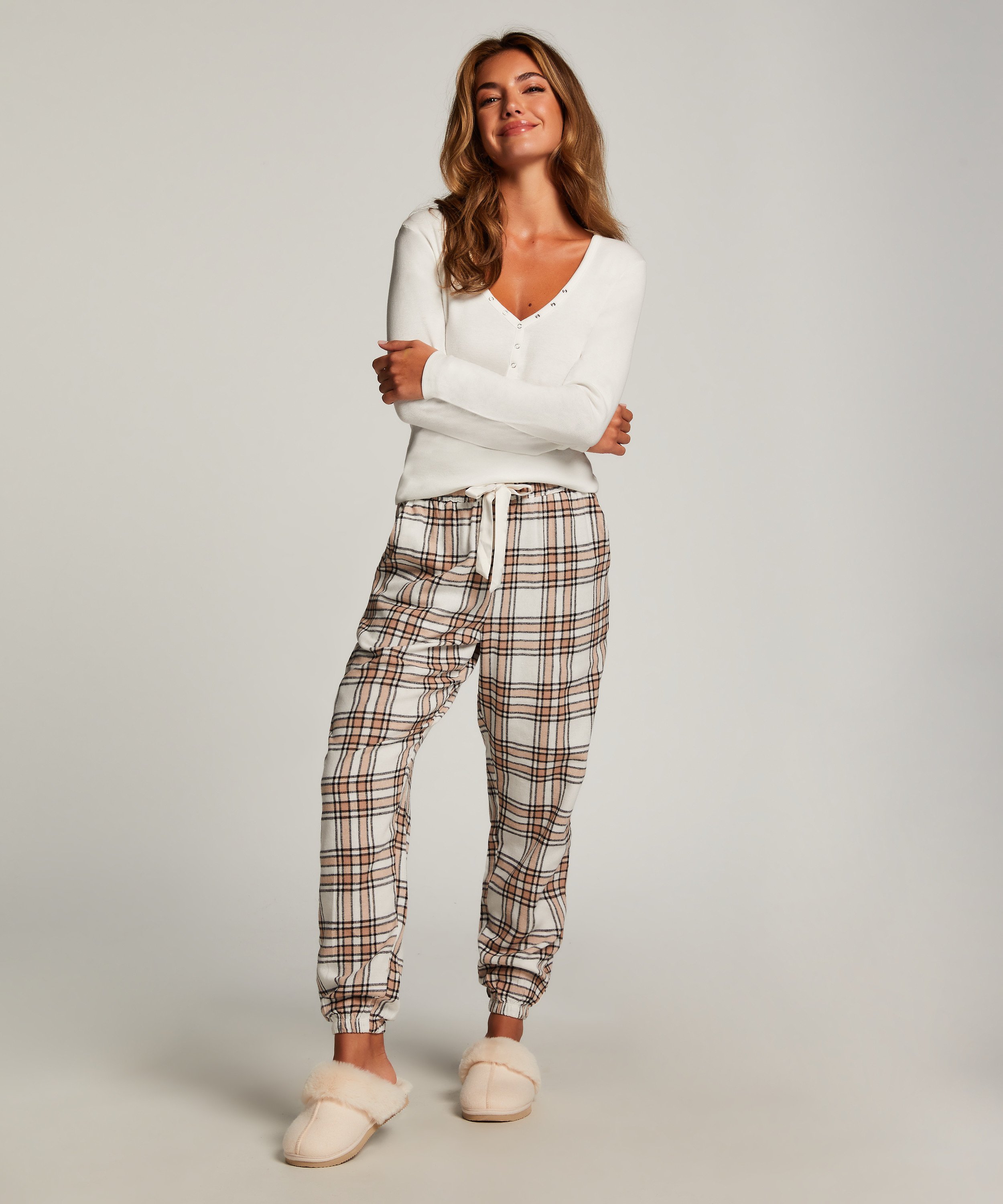 Flannel Pyjama Pants, Beige, main