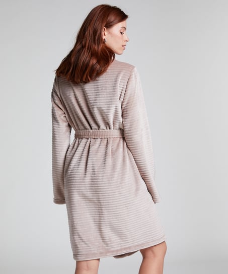 Short Fleece Ribbed Bathrobe, Beige