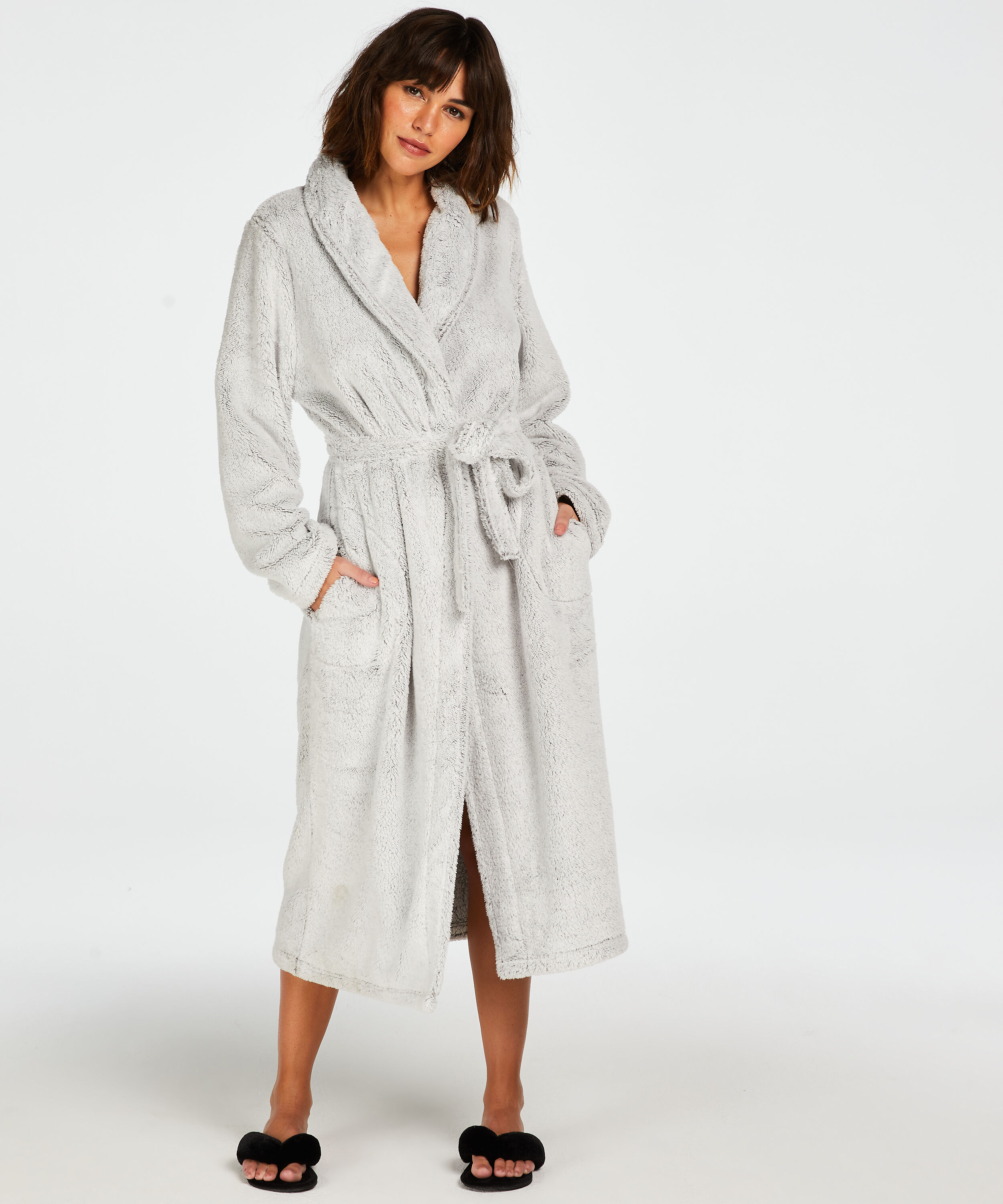 Long Fleece Bathrobe, Gray
