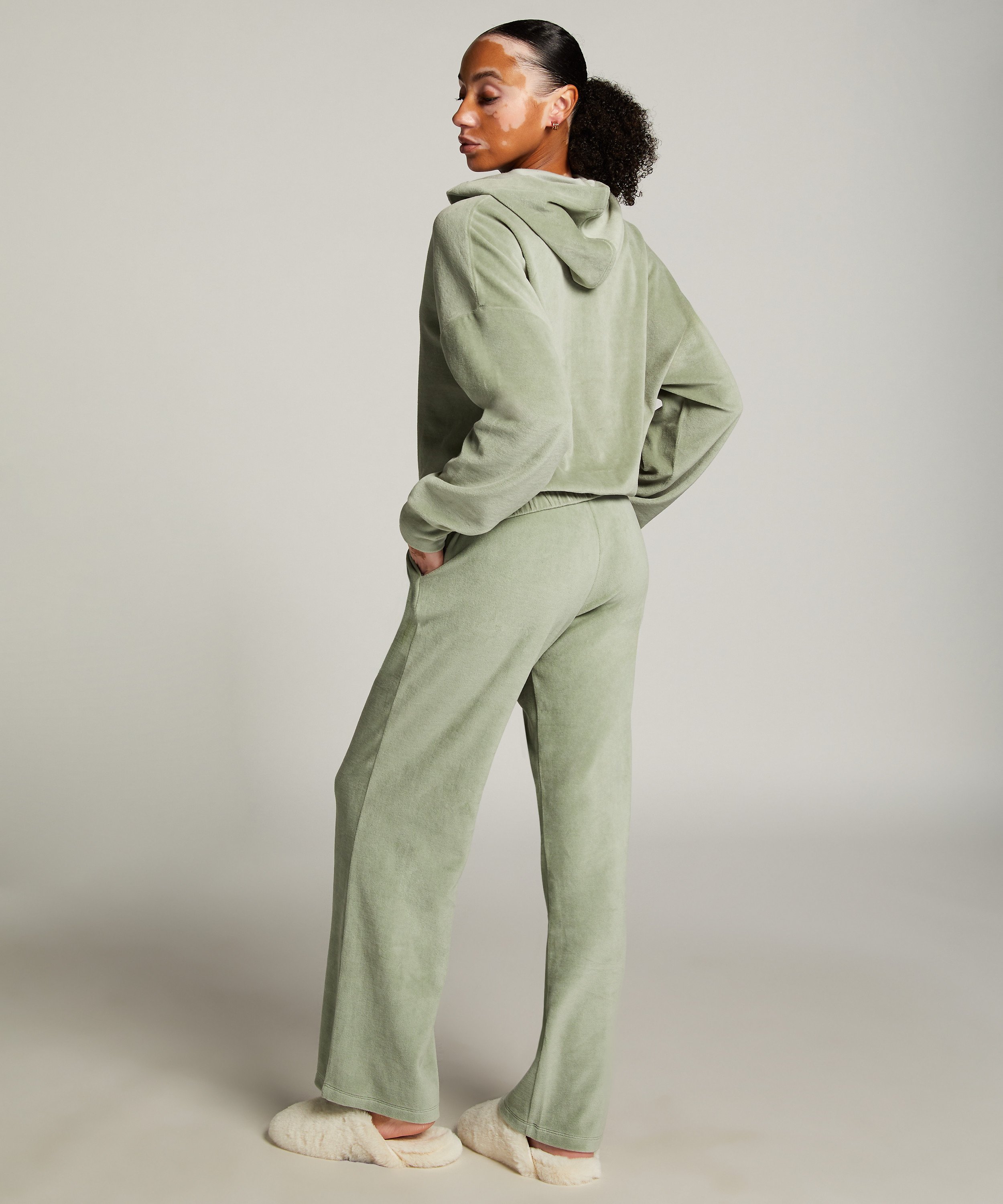 Velours Pyjama Pants, Green, main