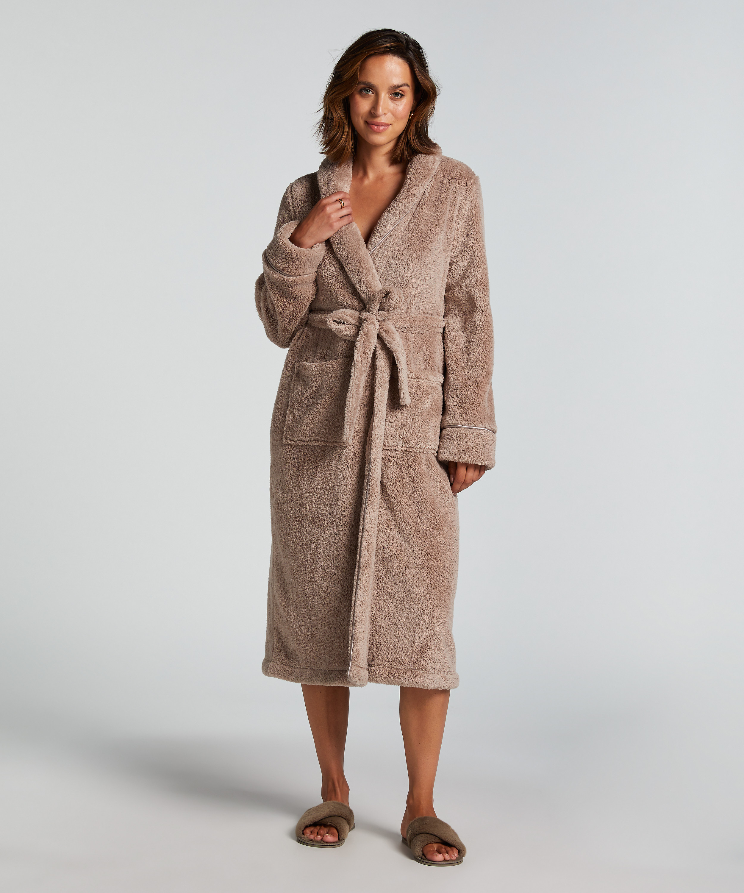 Long Fleece Bathrobe, Beige, main