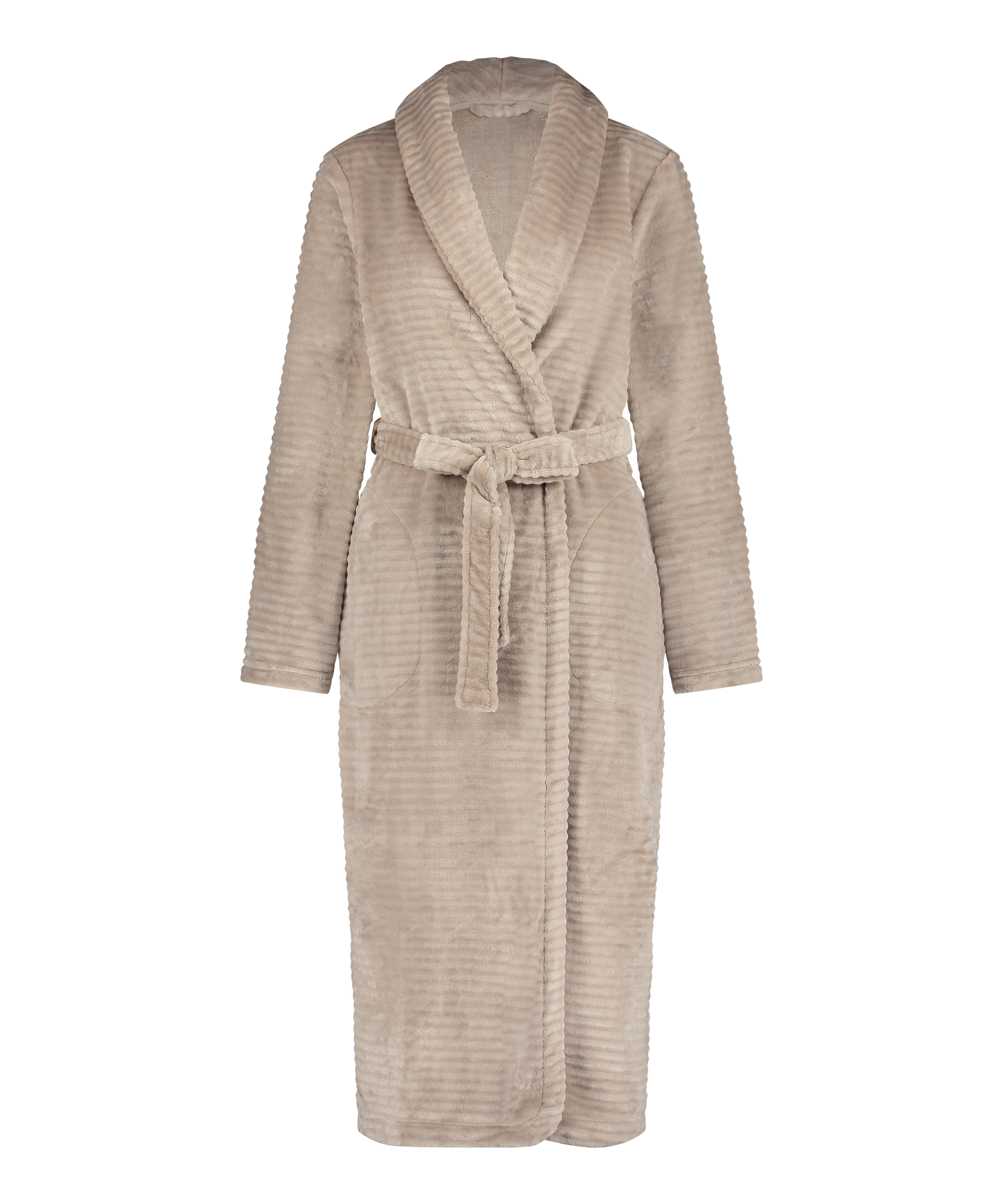 Long Fleece Ribbed Bathrobe, Beige, main