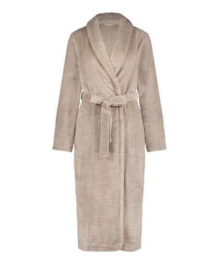 Long Fleece Ribbed Bathrobe, Beige