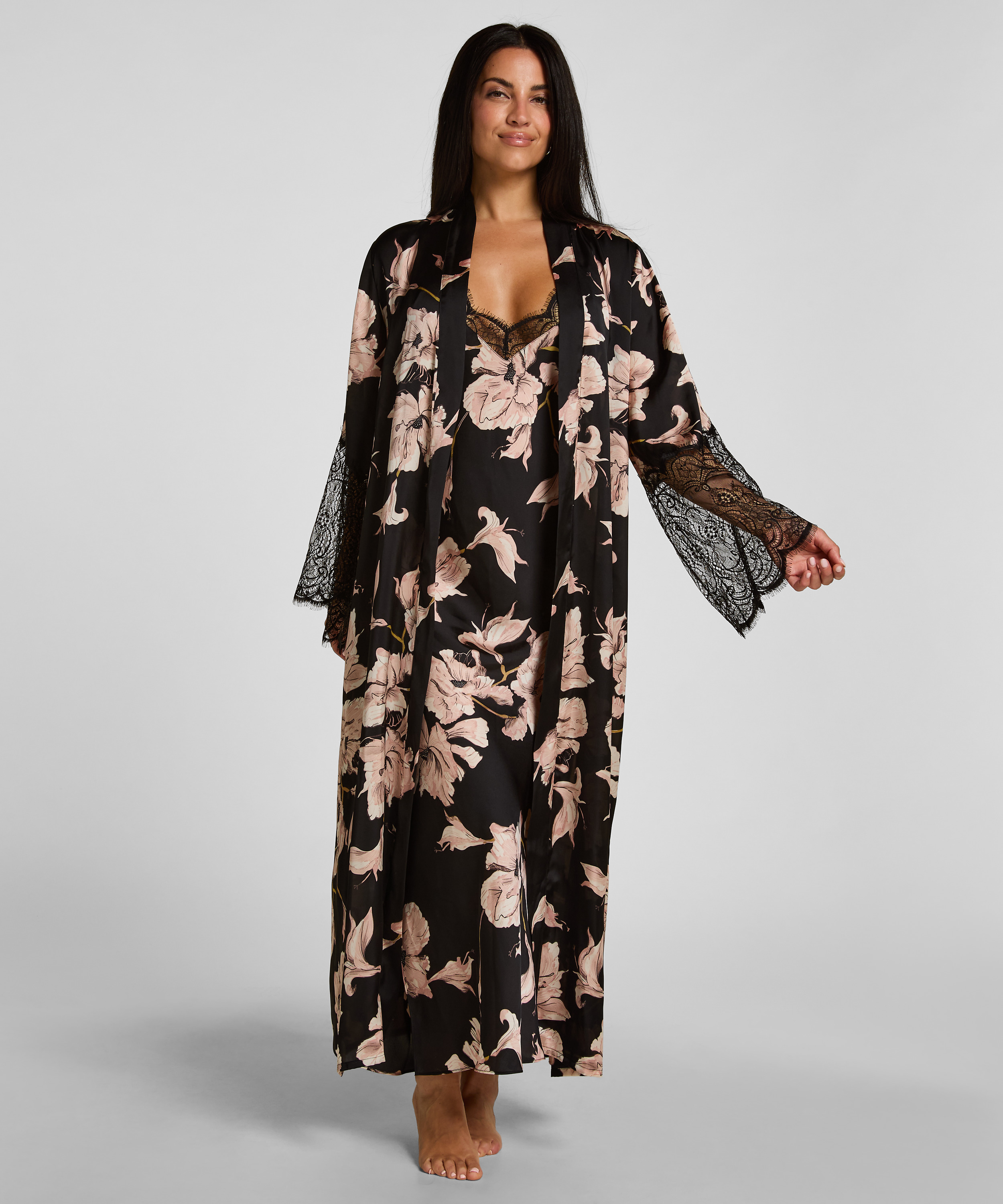 Kimono Long Satin Lace, Black, main