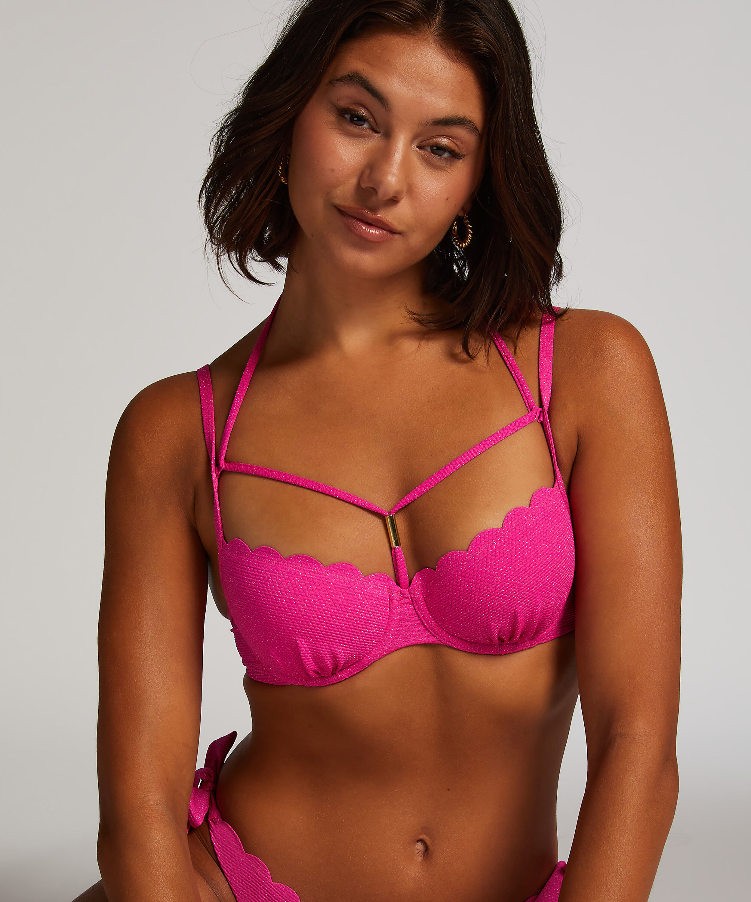 Scallop Lurex Bikini Top, Pink