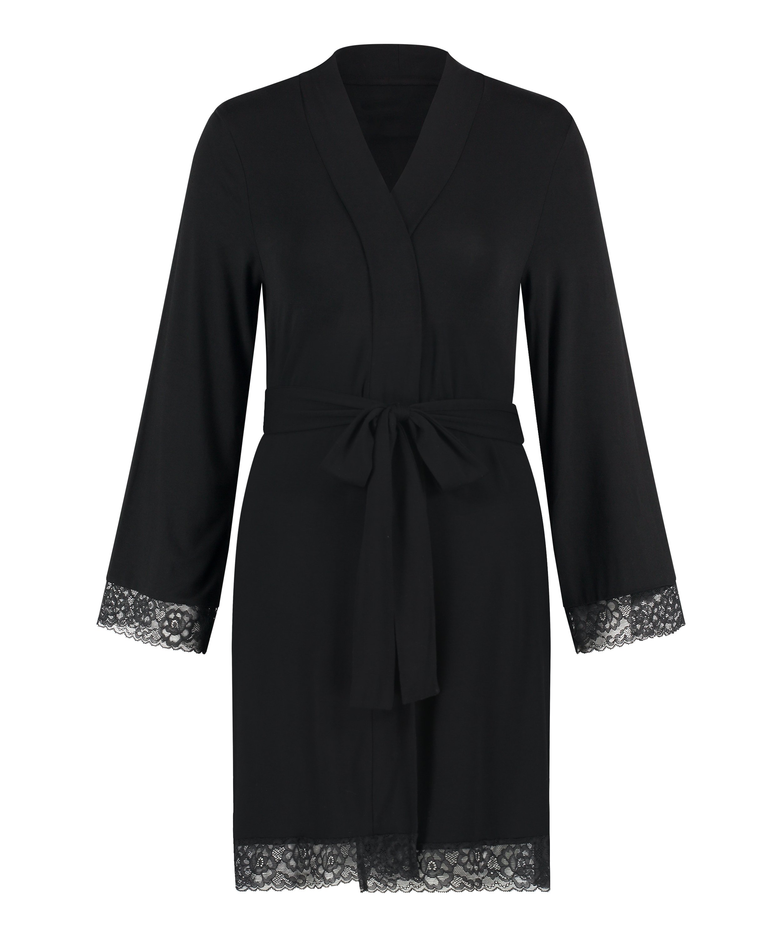 Short Viscose Lace Robe, Black, main