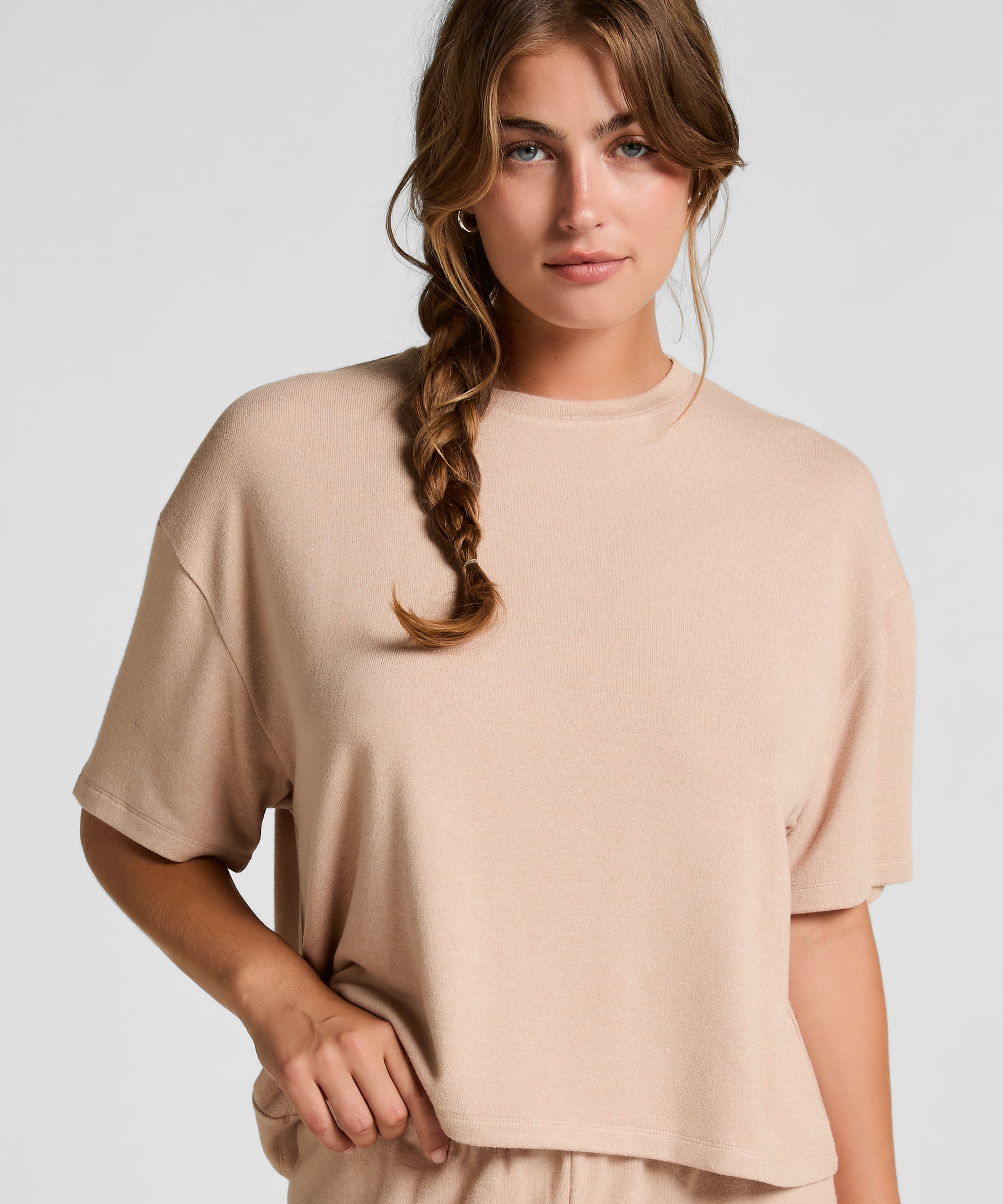 Brushed Jersey Pyjama Top, Beige, main