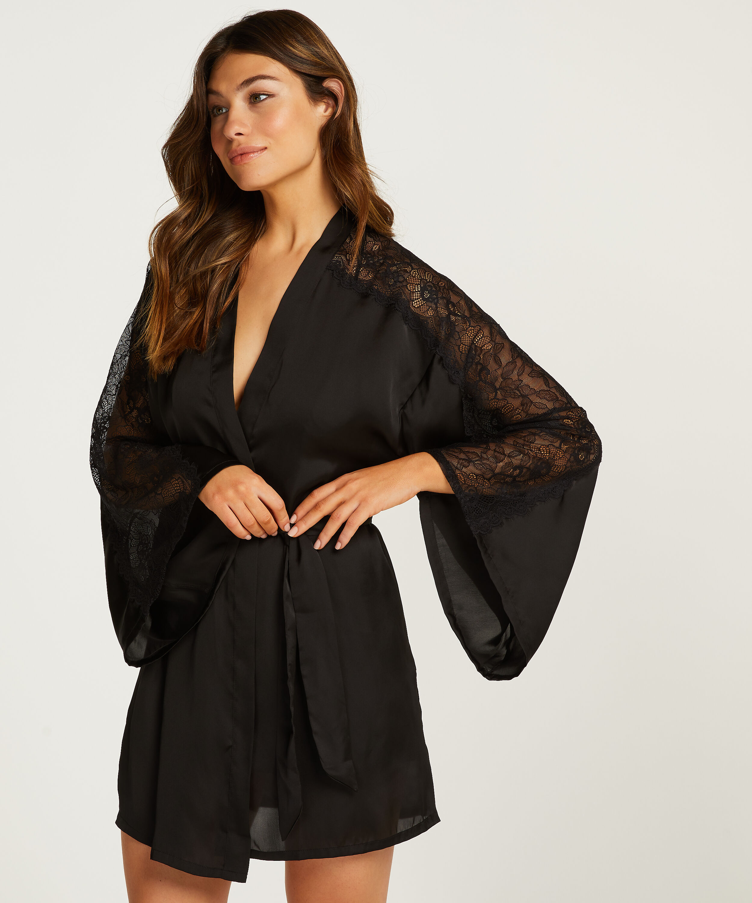Satin Lace Kimono, Black