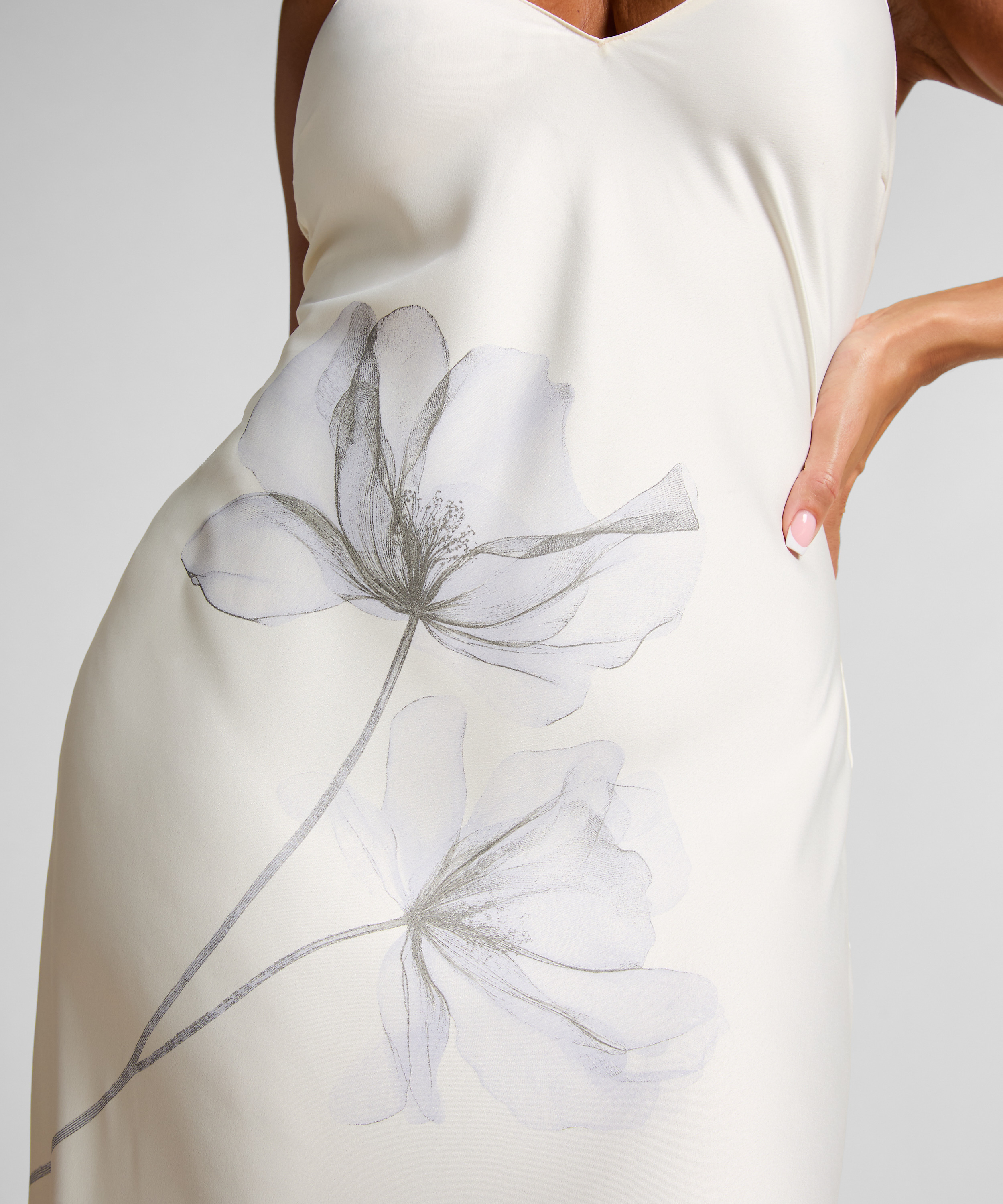 Slipdress Long Satin Floral, White, main