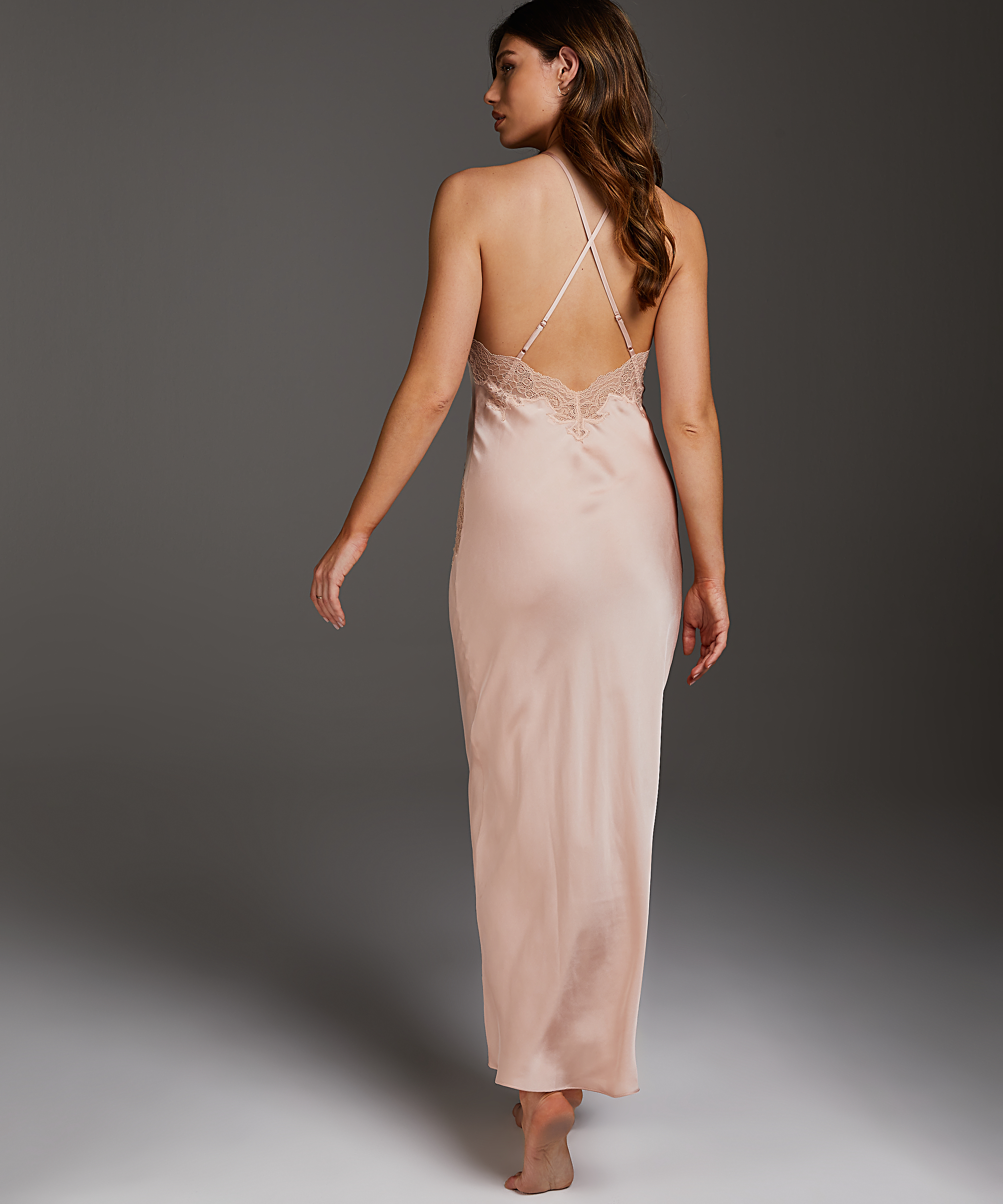 Long Satin Slip Dress, Beige, main