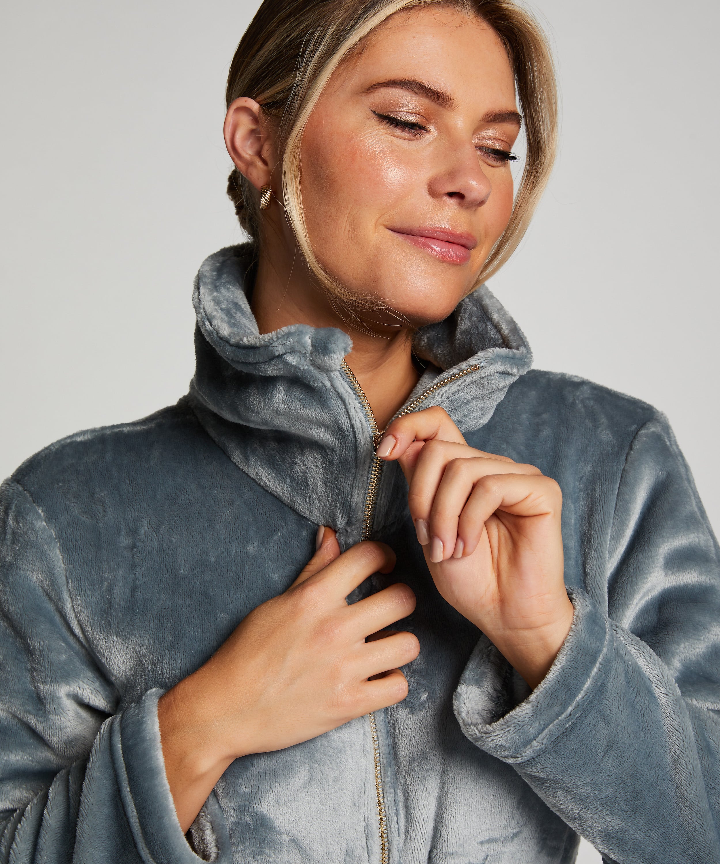 Fleece Zip Bathrobe, Blue, main