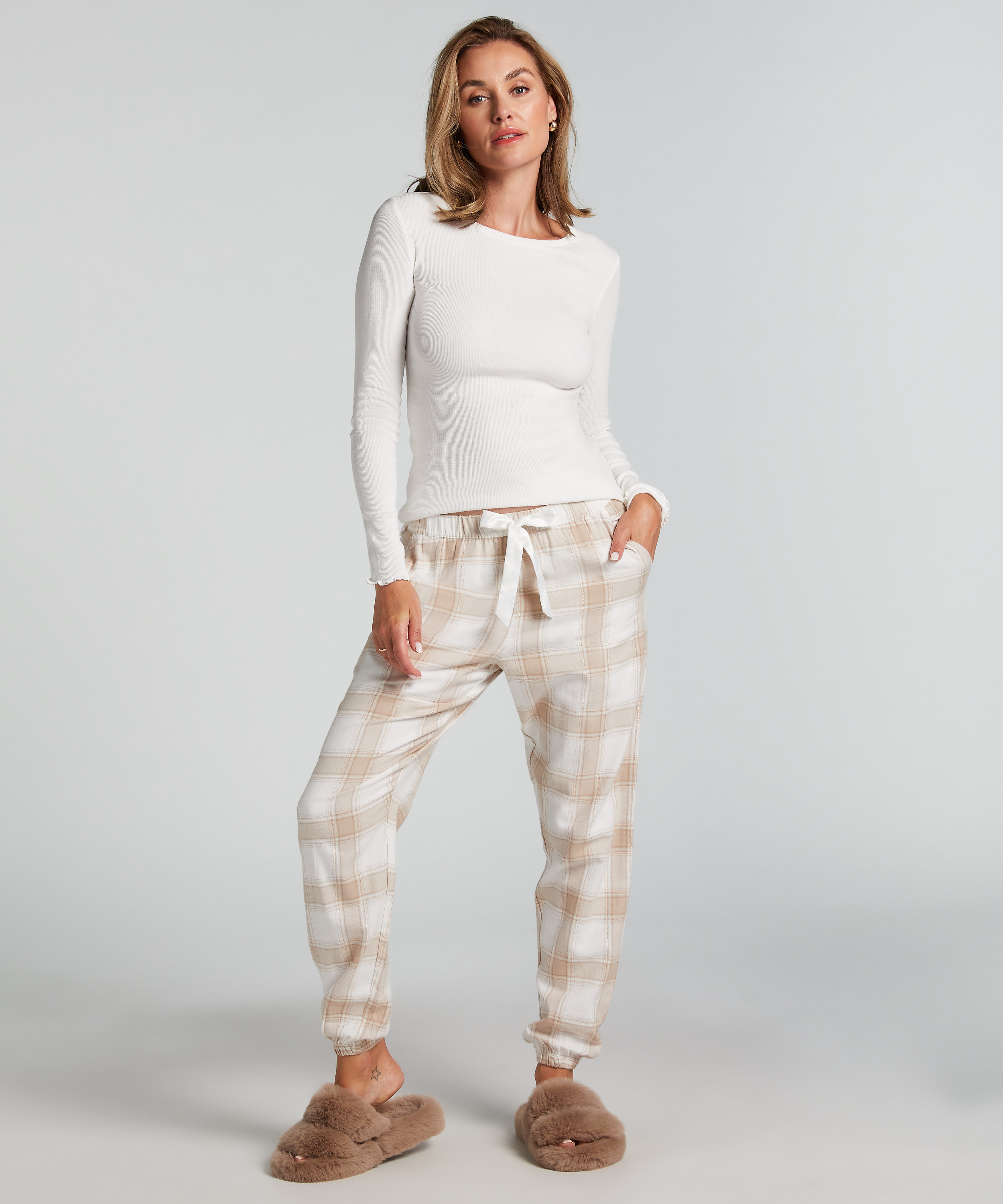 Flannel Pyjama Pants, Beige, main