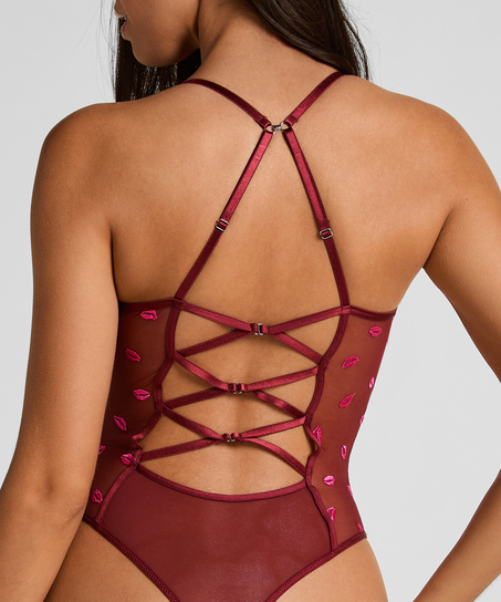 Be irresistible with this sheer mesh body, designed for a bold yet romantic look. Featuring an open back with crisscross string details, it creates a striking silhouette. Adorned with playful kiss embroideries, this piece blends flirty elegance with modern trend. Add it to your wardrobe and elevate your outfits! , Red