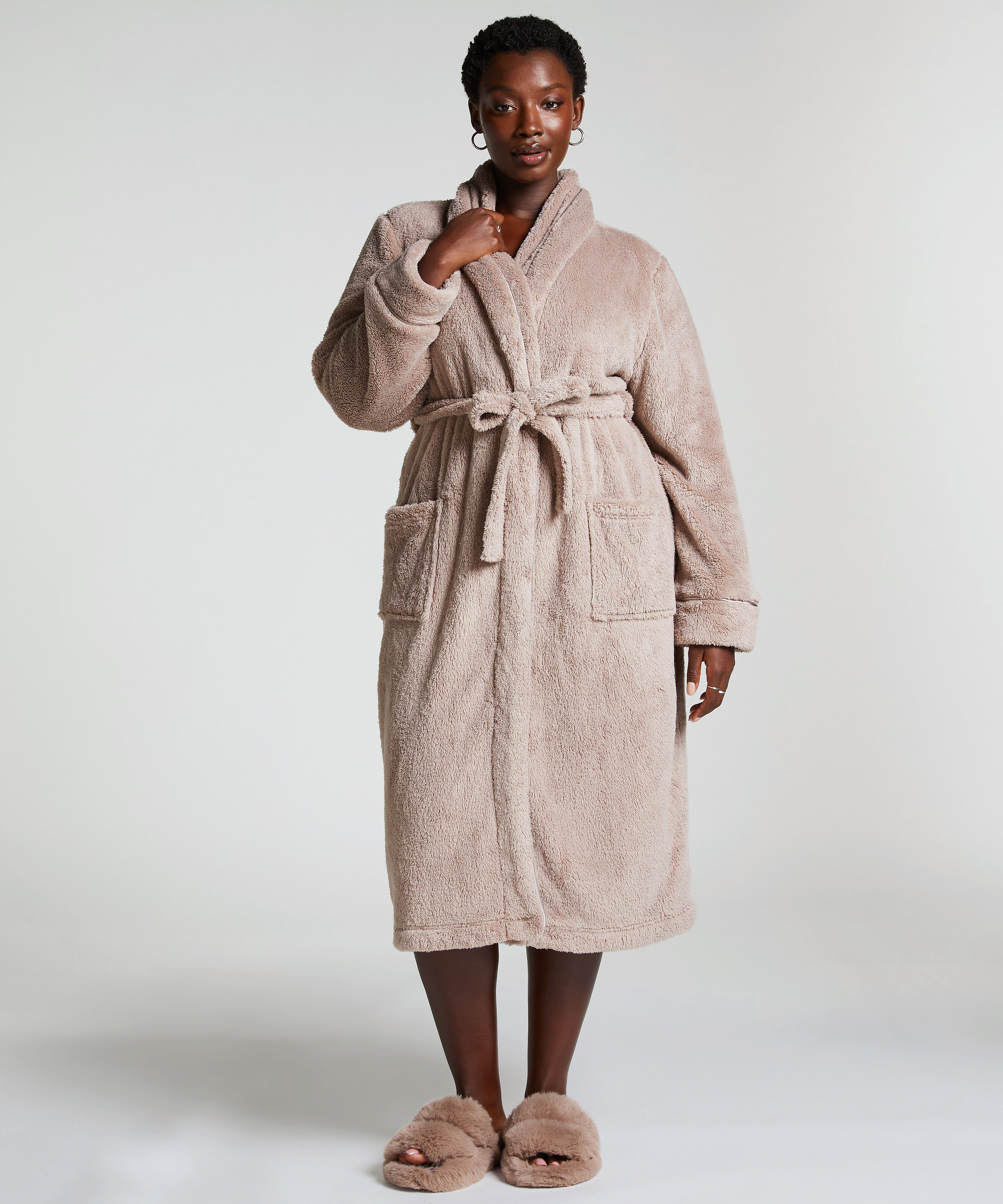 Long Fleece Bathrobe, Beige, main