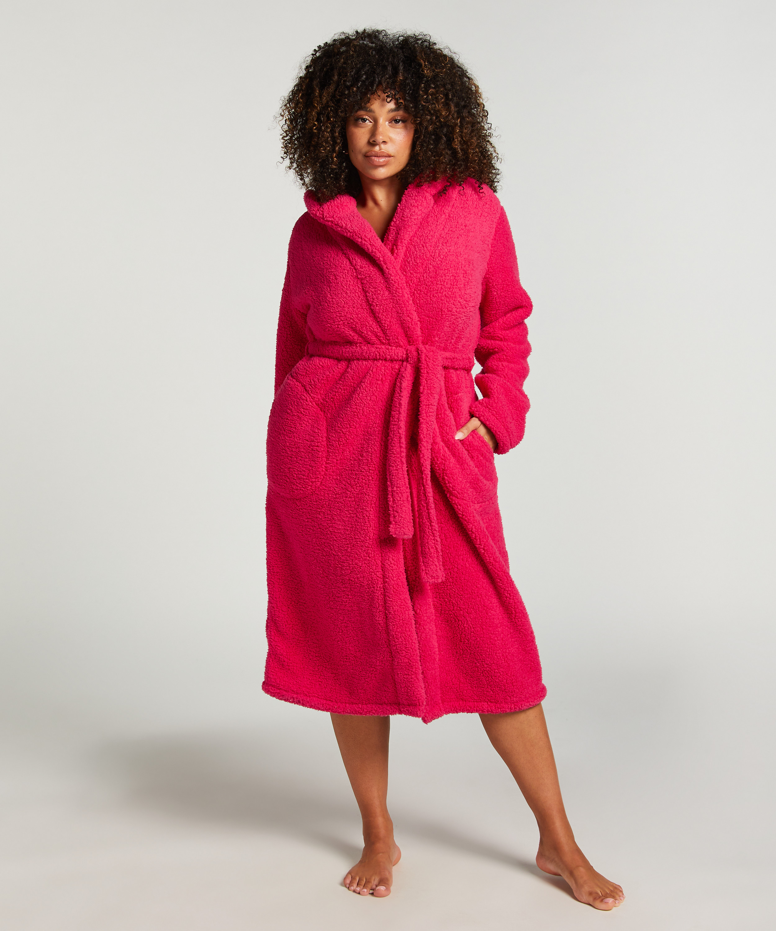 Long Fleece Bathrobe, Pink, main