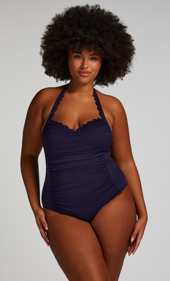 Shaping Halter Scallop Swimsuit, Blue
