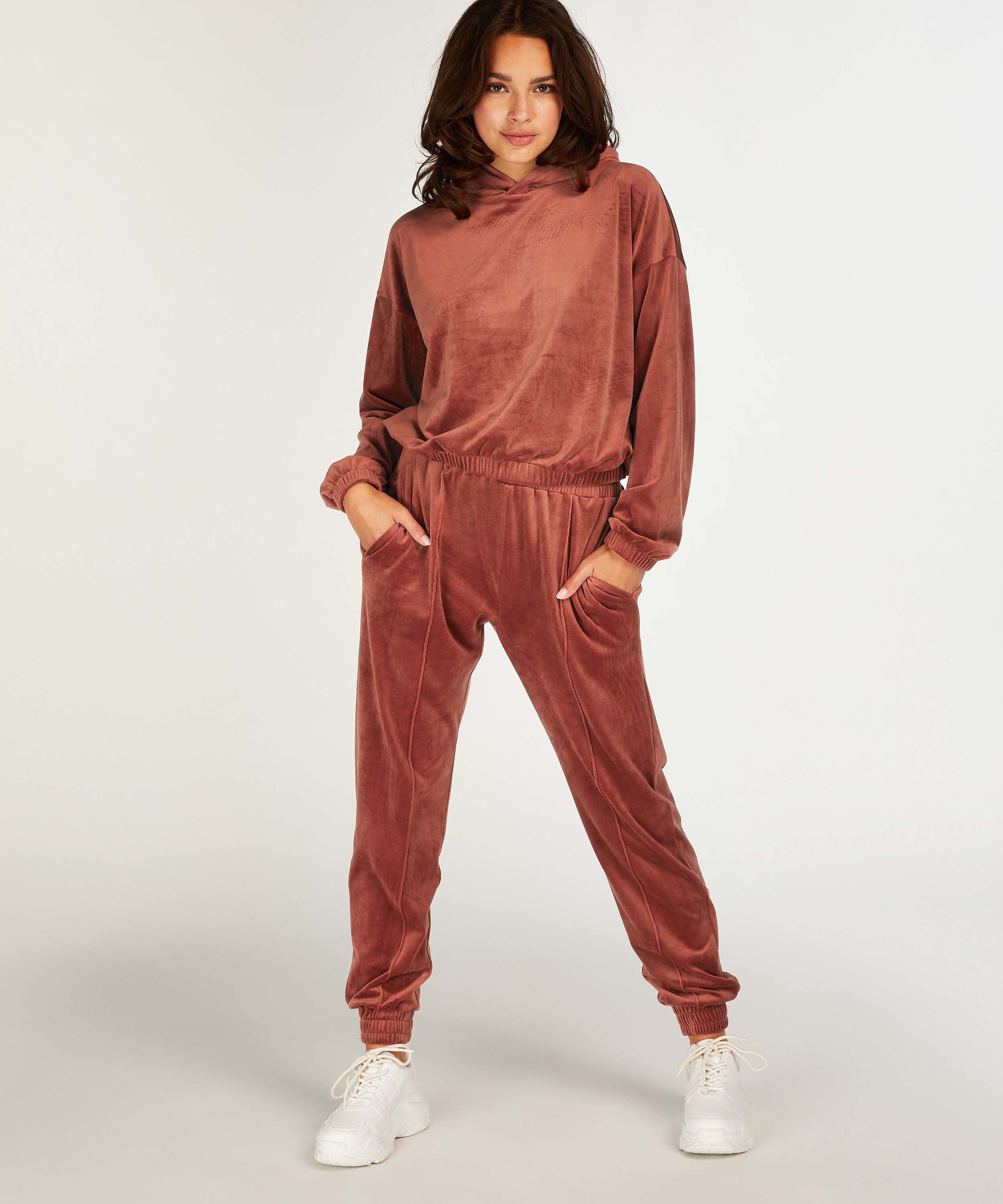 Velour Jogging Pants Pin-tucked, Brown