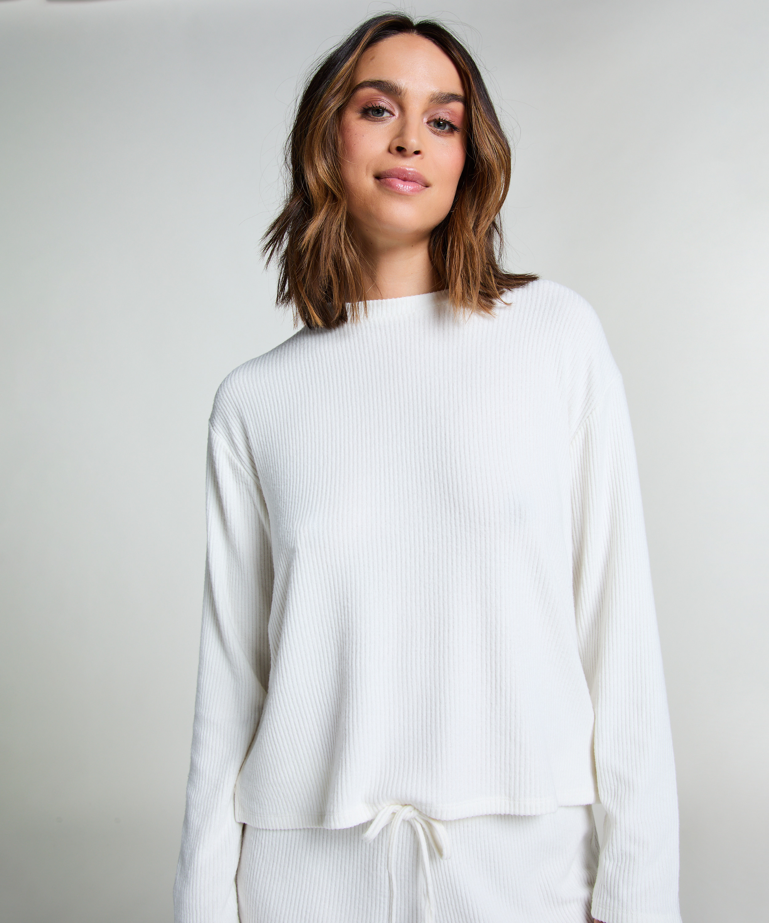 Long-sleeved Knitted Ribbed Pyjama Top, White, main