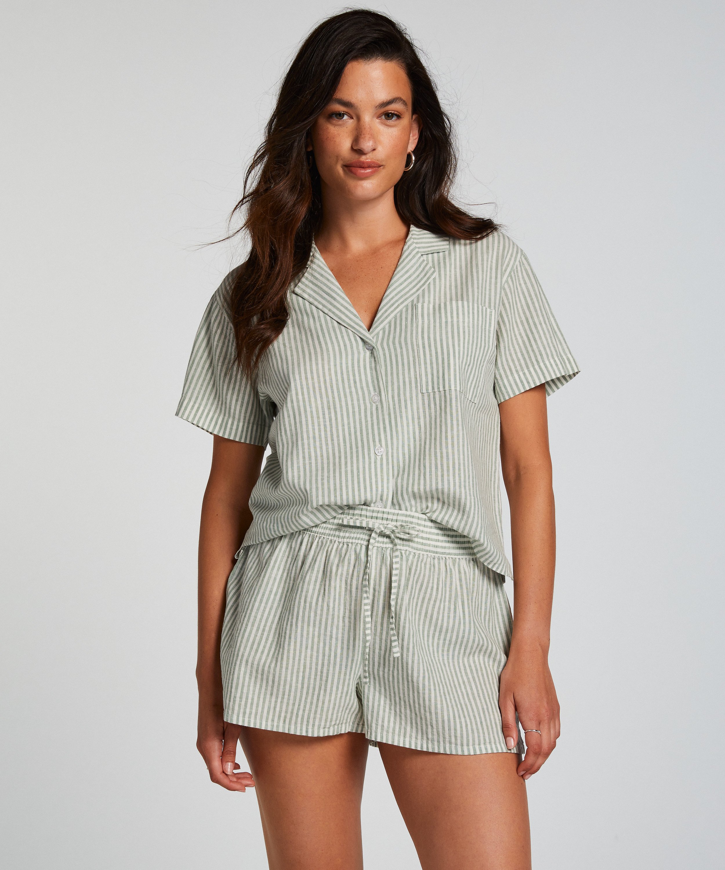 Linen Pyjama Shorts, Green, main