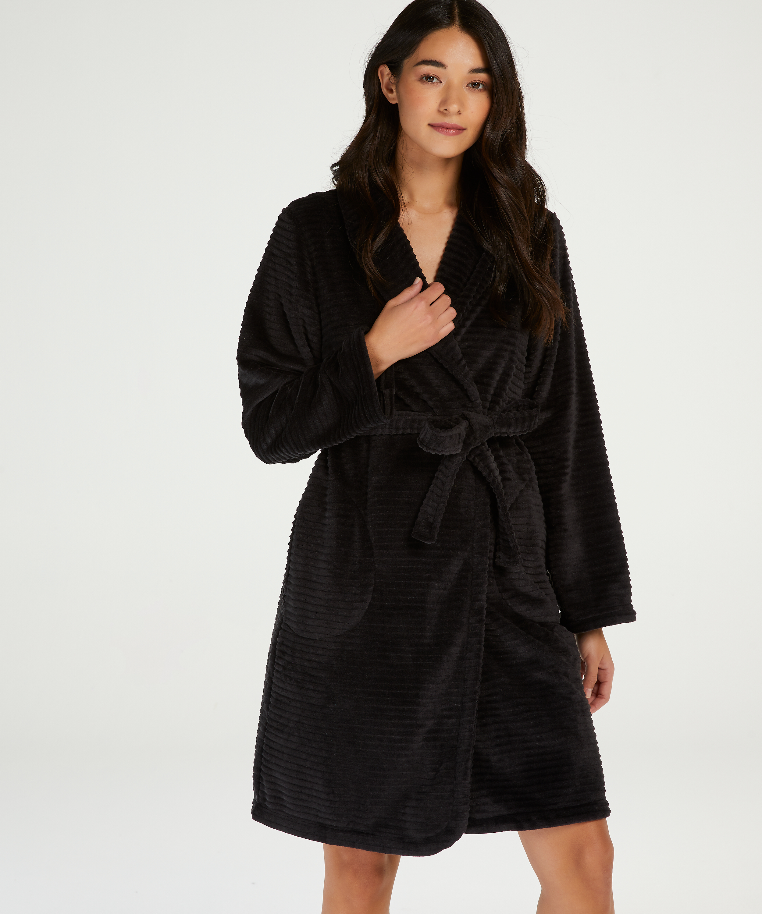 Short Fleece Ribbed Bathrobe, Black, main
