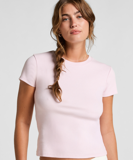 Ribbed Crew Neck Short-Sleeved Pyjama Top, Pink