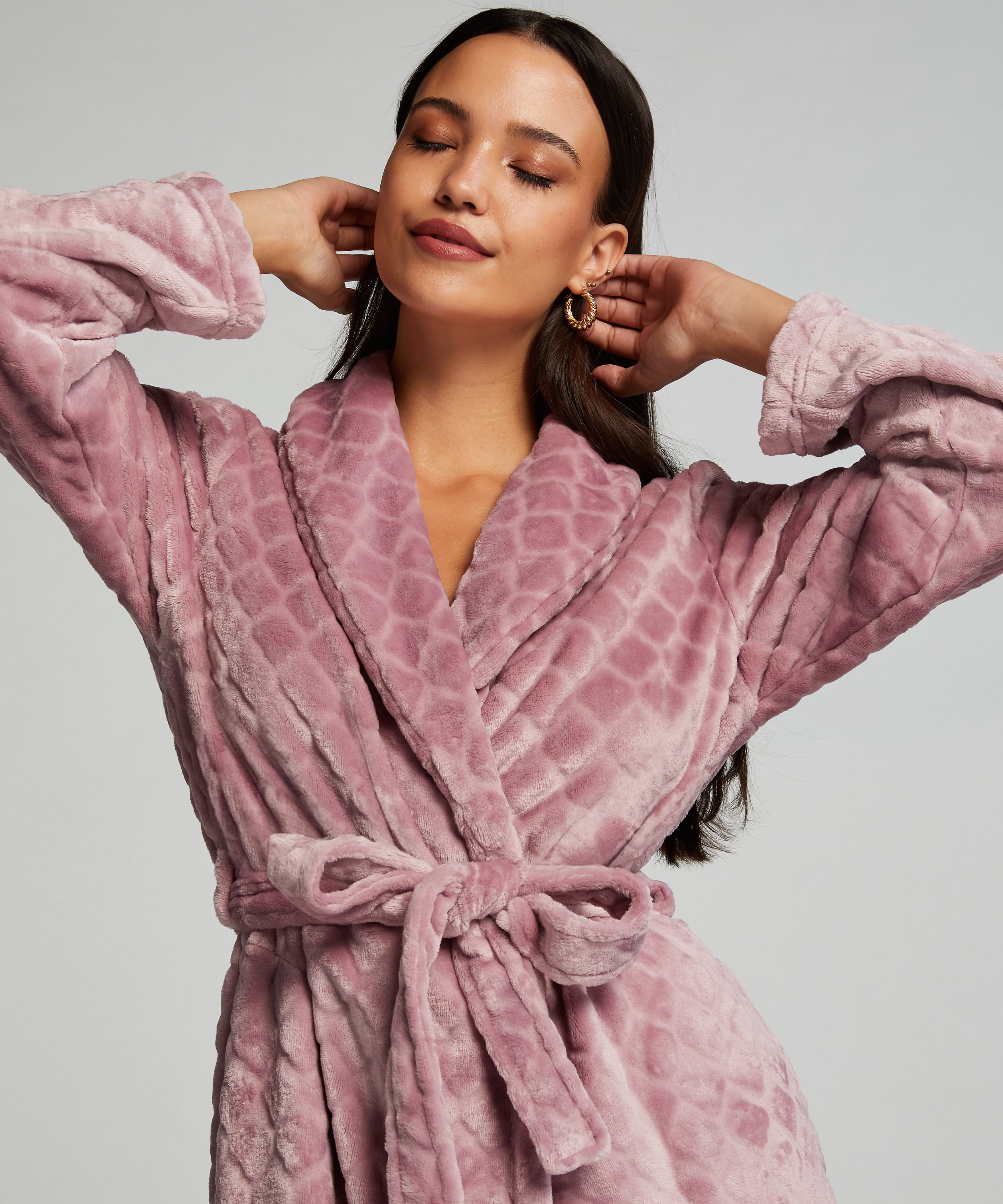 Short Fleece Ribbed Bathrobe, Purple, main