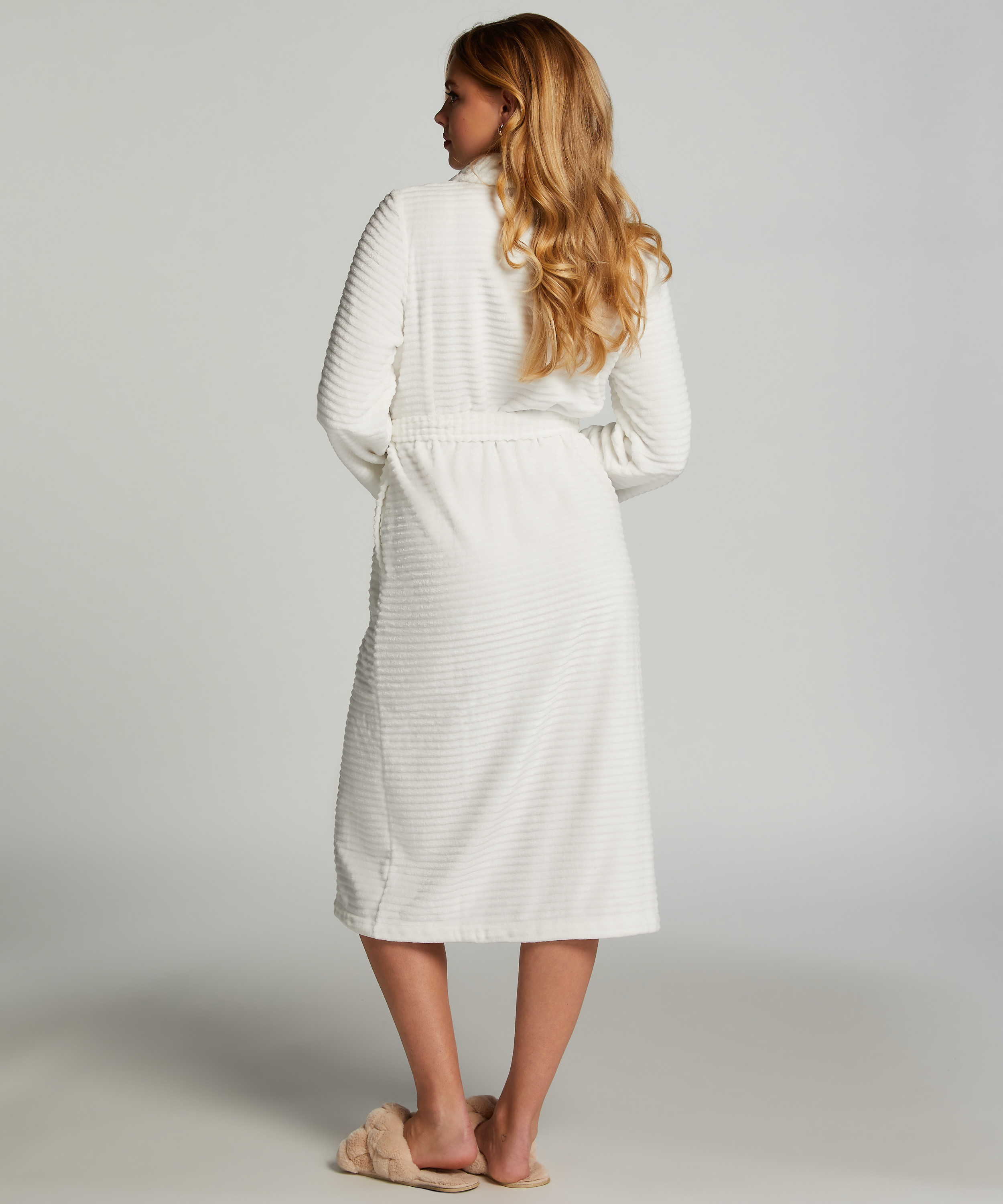 Long Fleece Ribbed Bathrobe, White, main