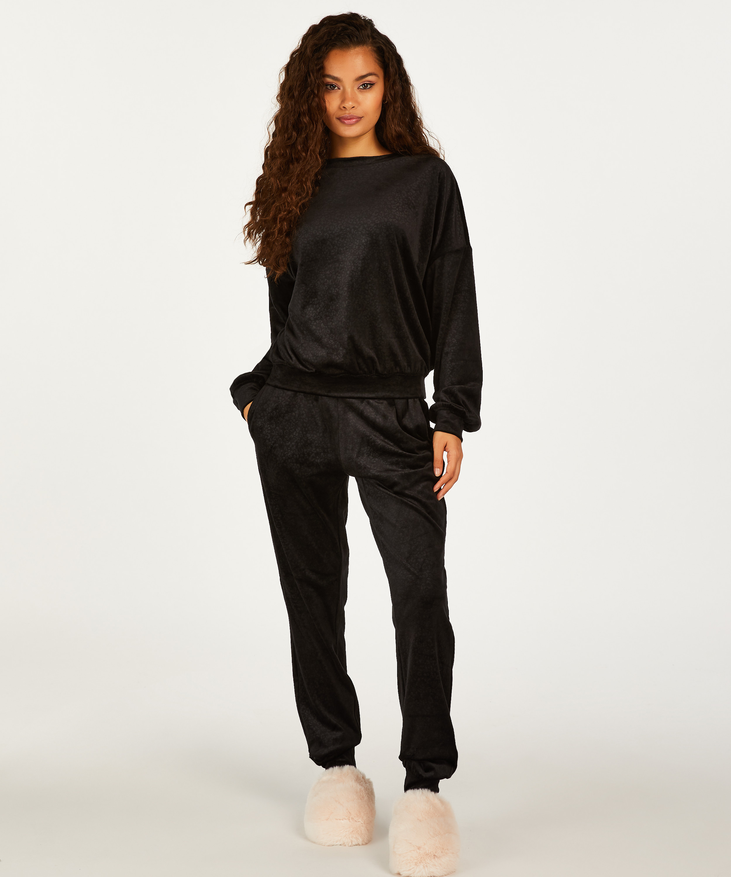 Petite Velours Jogging Bottoms, Black, main