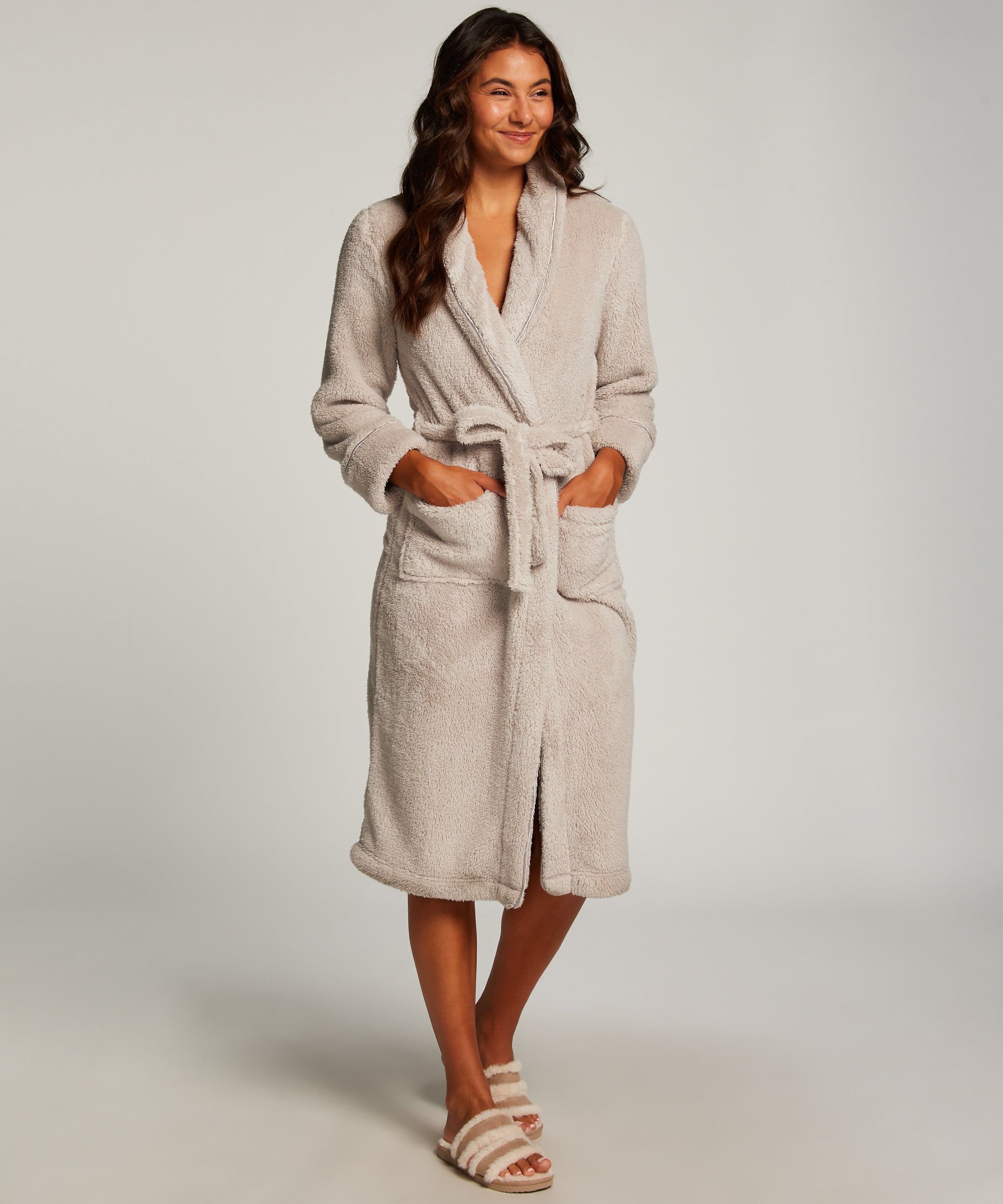 Long Fleece Bathrobe, Brown, main
