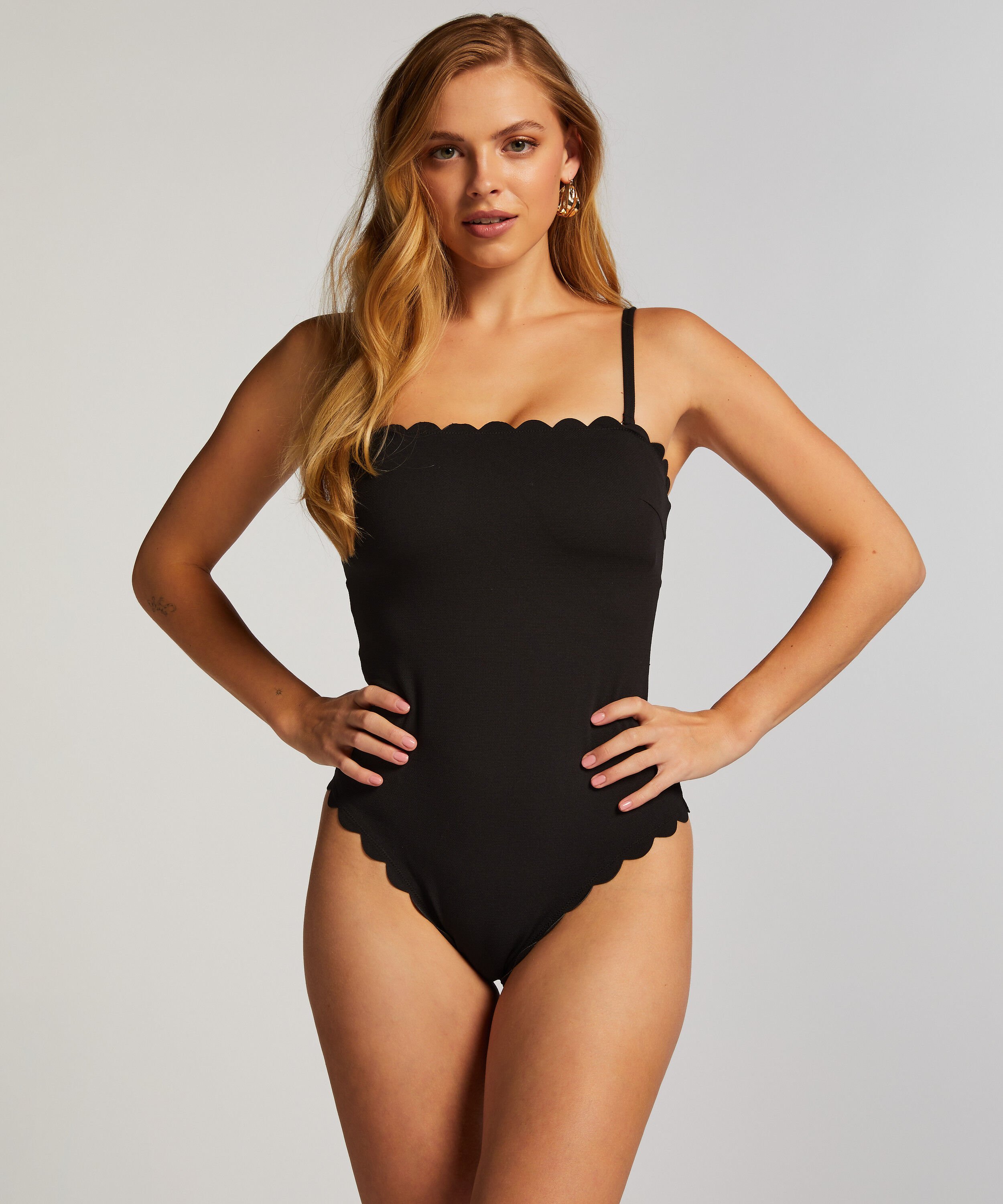 Bandeau Scallop Swimsuit, Black