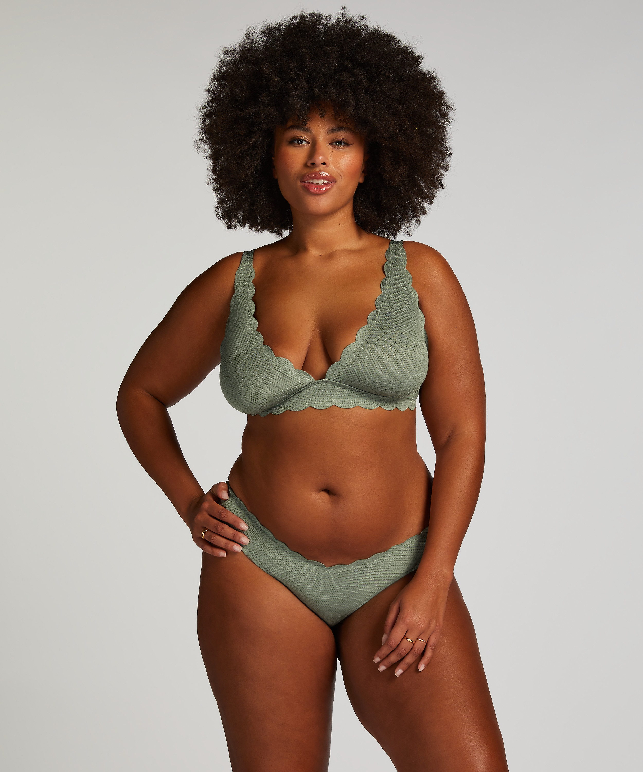 Scallop High-Leg Bikini Bottoms, Green, main