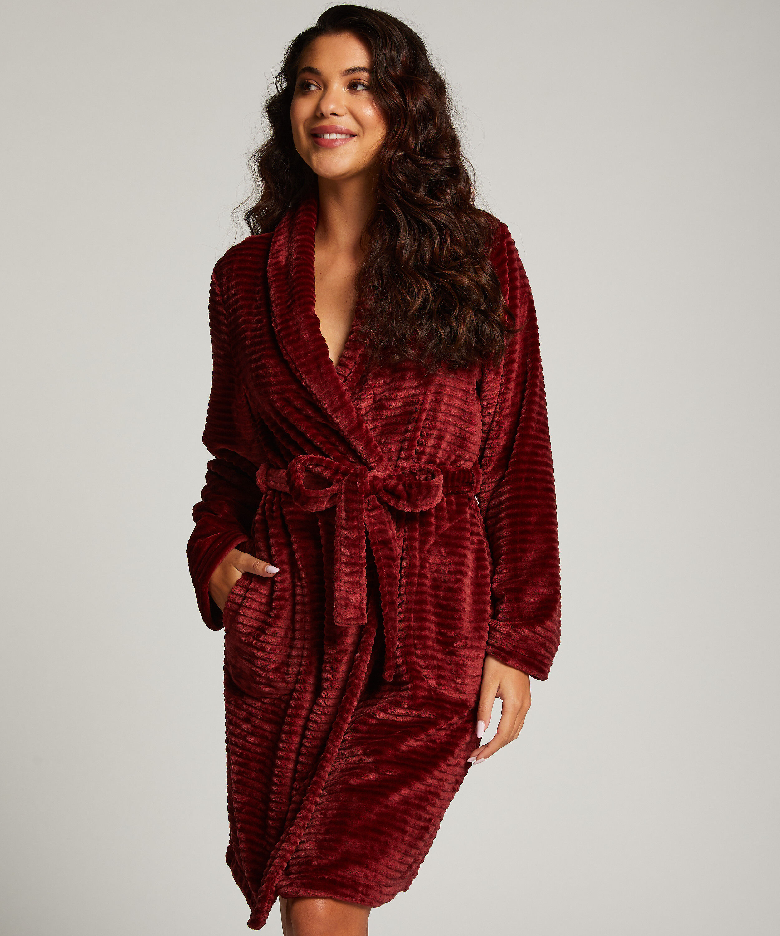 Short Fleece Ribbed Bathrobe, Brown