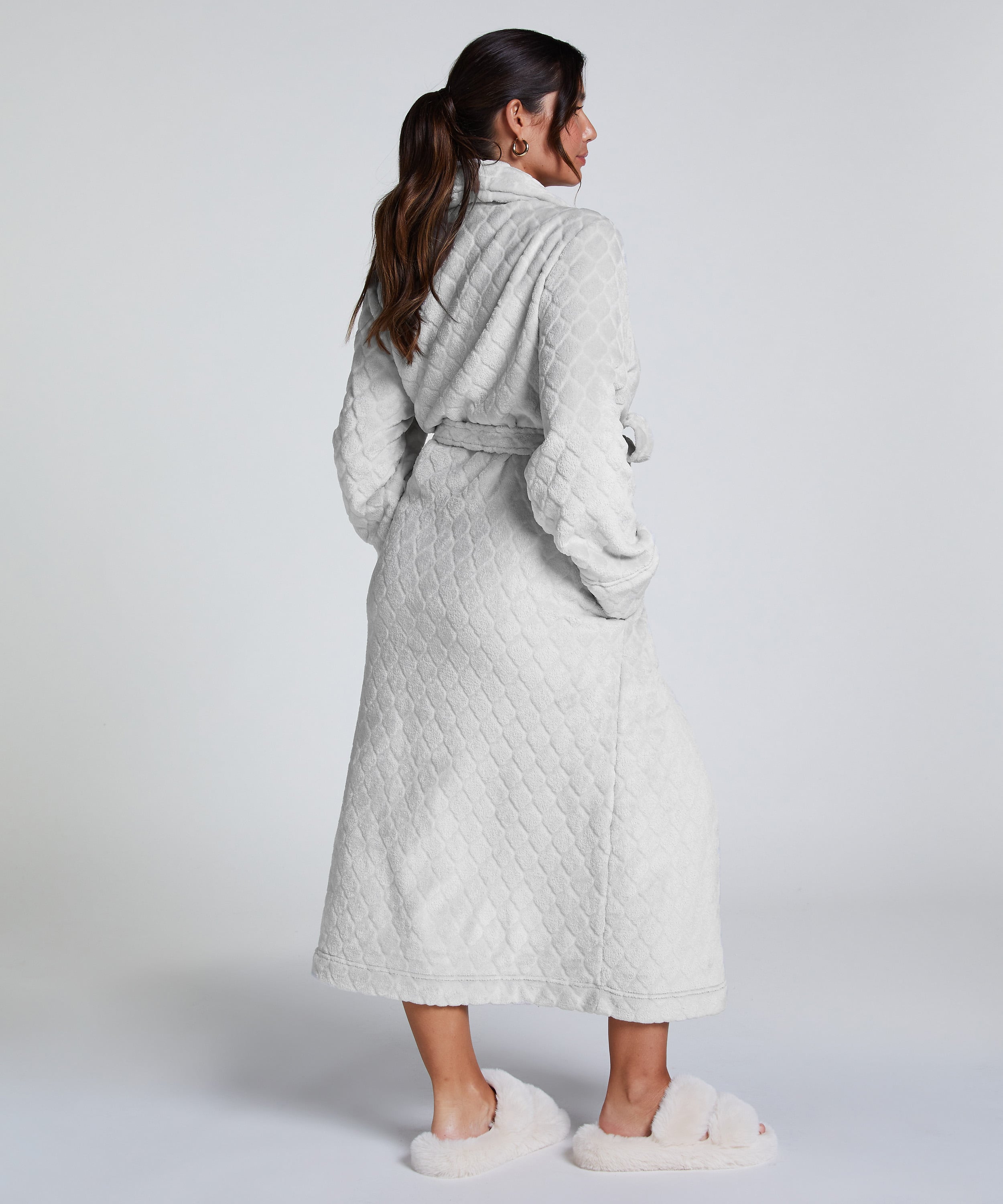 Long Fleece Bathrobe, Gray, main