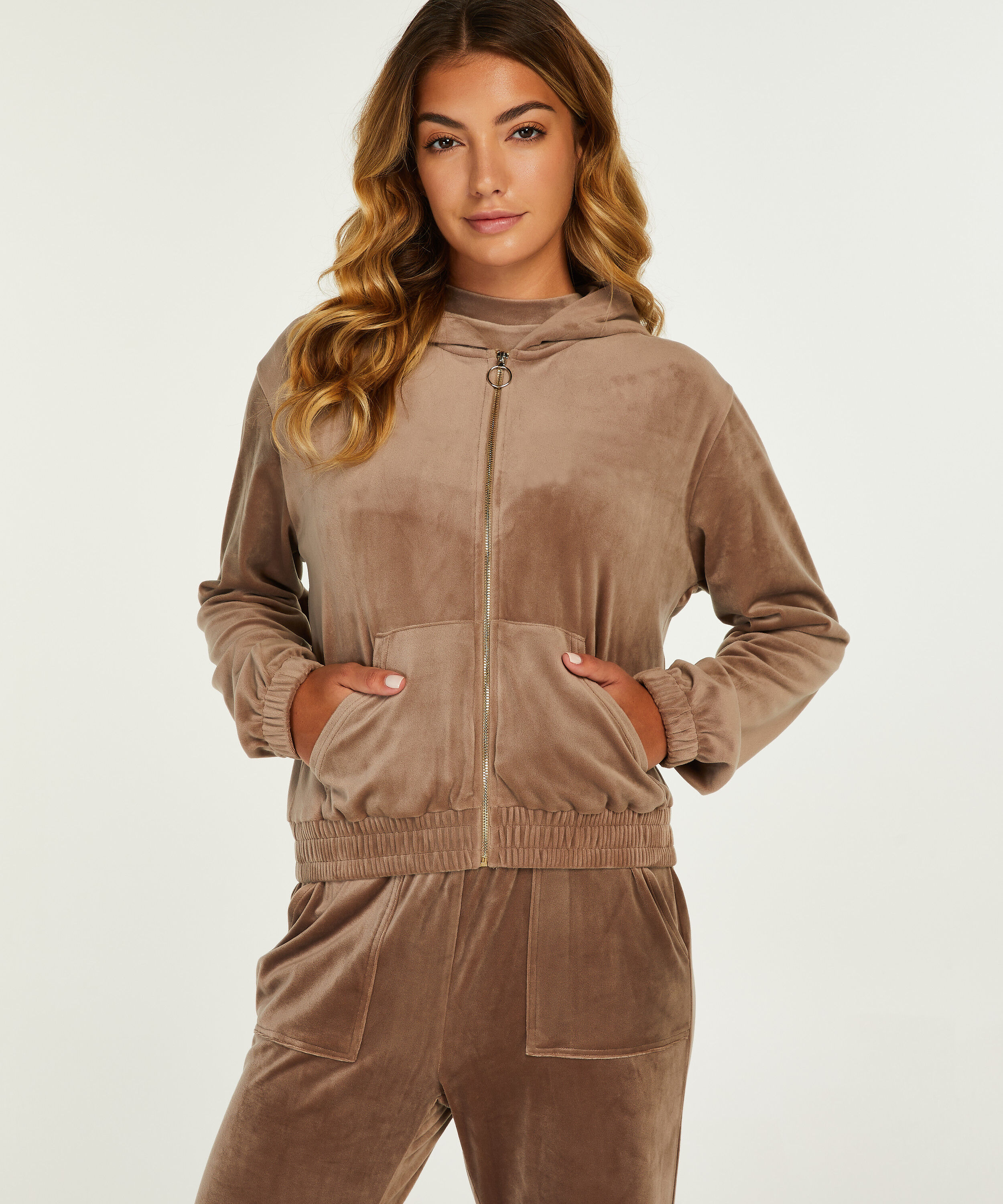 Velour hoodie jacket, Brown